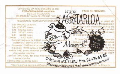 Reverso del d&eacute;cimo 94594 con el sello de la Administraci&oacute;n n&ordm; 11 &laquo;Loter&iacute;a Astarloa&raquo;, en Bilbao